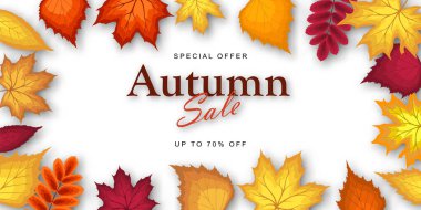 Sonbahar indirimli afiş şablonu akçaağaç yapraklarıyla süslenmiş. Alışveriş için sıcak renk tonu, tanıtım posteri ve web afişi. Vektör illüstrasyonu.
