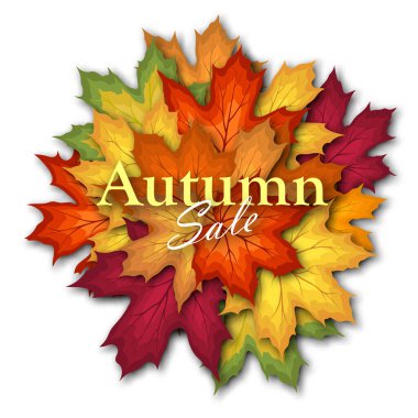 Sonbahar indirimli afiş şablonu akçaağaç yapraklarıyla süslenmiş. Alışveriş için sıcak renk tonu, tanıtım posteri ve web afişi. Vektör illüstrasyonu.