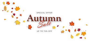 Sonbahar indirimli afiş şablonu akçaağaç yapraklarıyla süslenmiş. Alışveriş için sıcak renk tonu, tanıtım posteri ve web afişi. Vektör illüstrasyonu.