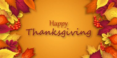 Parlak sonbahar yapraklı Şükran Günü afişi. Sonbahar tatilleri, etkinlikler, indirimler ve satışlar için tasarım öğesi. Vektör illüstrasyonu.