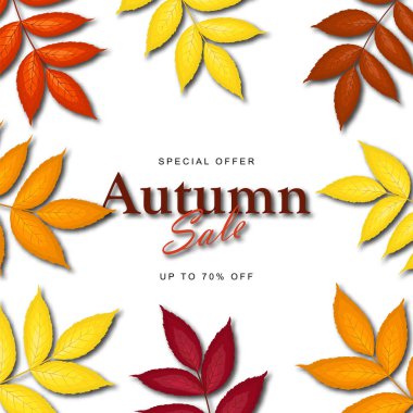 Sonbahar indirimli afiş şablonu satışı veya tanıtım posteri ve web afişi için kül ağacı yapraklarıyla sıcak renk tonuyla dekore edilmiş. Vektör illüstrasyonu.