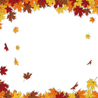 Beyaz arka planda akçaağaç yaprakları uçuşan sonbahar çerçevesi. Şık akçaağaç gülü çizim karalama tasarımı. Vektör İllüstrasyonu.