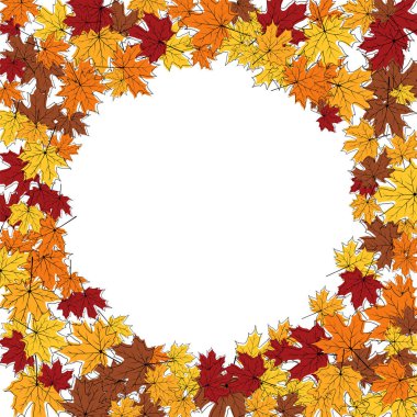 Beyaz arka planda akçaağaç yaprakları uçuşan sonbahar çerçevesi. Şık akçaağaç gülü çizim karalama tasarımı. Vektör İllüstrasyonu.