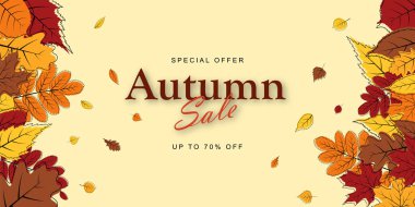 Sonbahar bayrak şablonu akçaağaç, ıhlamur ağacı, kül ağacı, rowan, huş ağacı, meşe yaprakları ile dekore edilir. Alışveriş için sıcak renk tonu veya tanıtım posteri ve web afişi. Vektör illüstrasyonu.