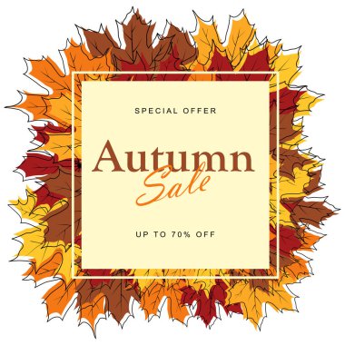 Sonbahar bayrak şablonu akçaağaç, ıhlamur ağacı, kül ağacı, rowan, huş ağacı, meşe yaprakları ile dekore edilir. Alışveriş için sıcak renk tonu veya tanıtım posteri ve web afişi. Vektör illüstrasyonu.