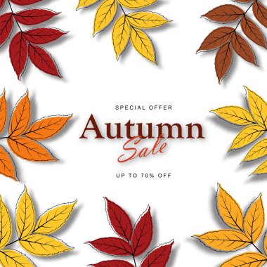 Sonbahar indirimli afiş şablonu akçaağaç, kül ağacı yaprakları alışveriş için sıcak renk tonu ya da tanıtım posteri ve web afişi ile dekore edilir. Doodle sonbahar yapraklarını tasarlıyor. Vektör illüstrasyonu.