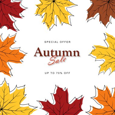 Sonbahar indirimli afiş şablonu akçaağaç, kül ağacı yaprakları alışveriş için sıcak renk tonu ya da tanıtım posteri ve web afişi ile dekore edilir. Doodle sonbahar yapraklarını tasarlıyor. Vektör illüstrasyonu.