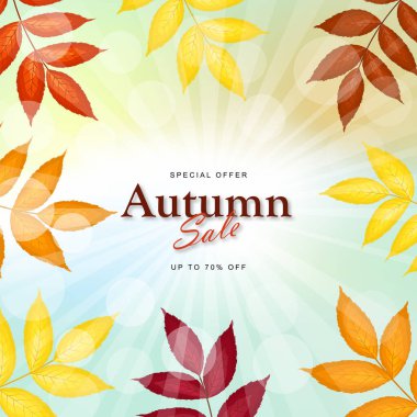 Parlak sonbahar kül ağacı yapraklarıyla sonbahar indirimi afişi vanilya gökyüzü arka planında güneş ışığı ışınları ve parlıyor. Sonbahar tatilleri, etkinlikler, indirimler ve satışlar için tasarım öğesi. Vektör illüstrasyonu.