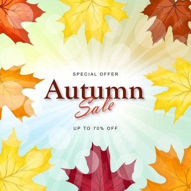 Parlak sonbahar akçaağaç yapraklarıyla sonbahar indirimi afişi. Vanilya gökyüzü arka planında güneş ışınları ve parlıyor. Sonbahar tatilleri, etkinlikler, indirimler ve satışlar için tasarım öğesi. Vektör illüstrasyonu.