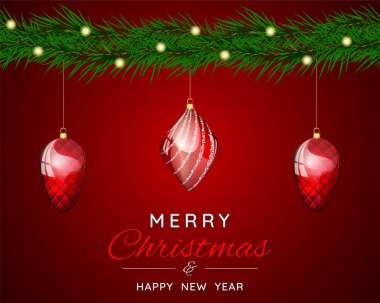 Köknar ağacı dalları, toplar ve çelenklerle Noel afişi. Kırmızı arka planda Noel ağacı dalları. Kış tatilleri, etkinlikler, indirimler ve satışlar için şenlik tasarımı. Vektör illüstrasyonu. 