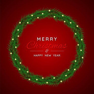 Köknar ağacı dalları, toplar ve çelenklerle Noel afişi. Kırmızı arka planda Noel ağacı dalları. Kış tatilleri, etkinlikler, indirimler ve satışlar için şenlik tasarımı. Vektör illüstrasyonu. 