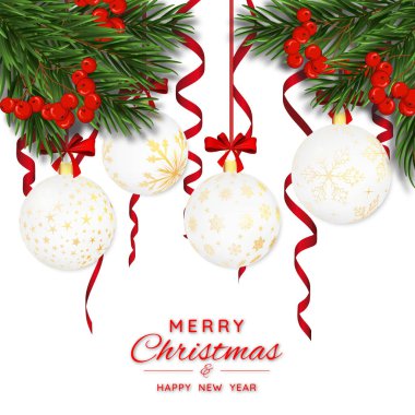 Köknar ağacı dalları, toplar, kurdeleler ve kutsal böğürtlenli Noel afişi. Beyaz arka planda Noel ağacı dalları. Kış tatilleri, etkinlikler, indirimler ve satışlar için şenlik tasarımı. Vektör illüstrasyonu.