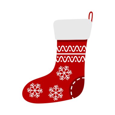 Noel çorapları. Süslü dekoratif kırmızı çorap. Kış tatilleri, etkinlikler, indirimler ve satışlar için tasarım öğesi. Vektör illüstrasyonu.