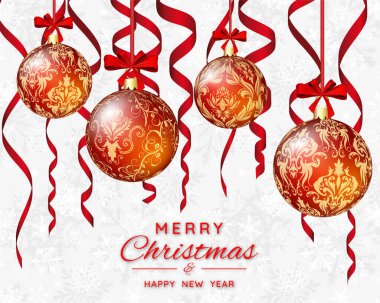 Süs topları ve kurdeleli Noel afişi. Beyaz kar taneleriyle süslenmiş bir Noel süsü. Kış tatilleri, etkinlikler, indirimler ve satışlar için şenlik tasarımı. Vektör illüstrasyonu.