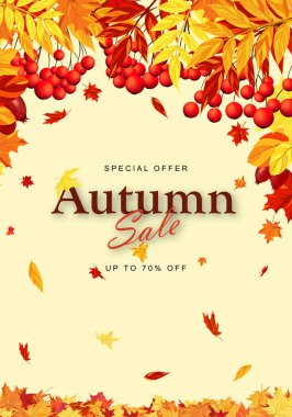 Sonbahar indirimi poster şablonu akçaağaç yaprakları ve rowan üzümleri ile süslenmiş alışveriş için sıcak renk tonu ya da tanıtım posteri ve web afişi. Vektör illüstrasyonu.