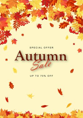 Sonbahar indirimi poster şablonu akçaağaç yaprakları ve rowan üzümleri ile süslenmiş alışveriş için sıcak renk tonu ya da tanıtım posteri ve web afişi. Vektör illüstrasyonu.
