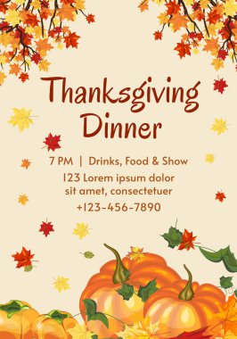 Bej arka planda parlak sonbahar yaprakları olan Şükran Günü yemeği davetiyesi posteri. Sonbahar tatilleri, etkinlikler, indirimler ve satışlar için tasarım öğesi. Vektör illüstrasyonu.