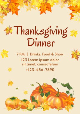 Bej arka planda parlak sonbahar yaprakları olan Şükran Günü yemeği davetiyesi posteri. Sonbahar tatilleri, etkinlikler, indirimler ve satışlar için tasarım öğesi. Vektör illüstrasyonu.