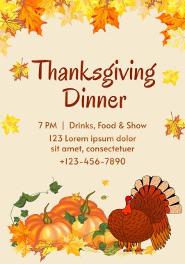 Bej arka planda parlak sonbahar yaprakları olan Şükran Günü yemeği davetiyesi posteri. Sonbahar tatilleri, etkinlikler, indirimler ve satışlar için tasarım öğesi. Vektör illüstrasyonu.