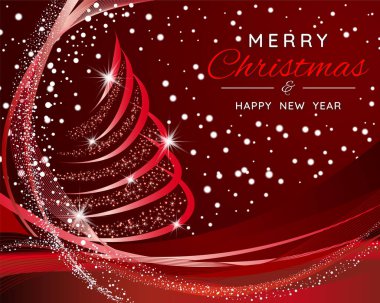 Yıldızlardan köknar ağacının olduğu Noel afişi. Kırmızı kar tanelerinin kış arkaplanındaki Noel teması. Kış tatilleri, etkinlikler, indirimler ve satışlar için şenlik tasarımı. Vektör illüstrasyonu.