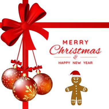 Kırmızı kurdeleli ve süs toplarıyla süslenmiş Noel afişi. Beyaz arka planda zencefilli kurabiye adamla Noel teması. Kış tatilleri, etkinlikler, indirimler ve satışlar için şenlik tasarımı. Vektör illüstrasyonu.