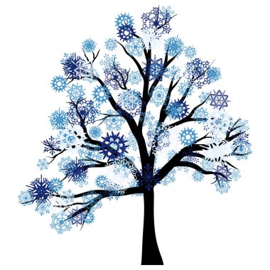 Kar taneleri yapraklı kış ağacı. Kış, Noel ve yeni yıl teması için uygun tasarımlar. Vektör illüstrasyonu.