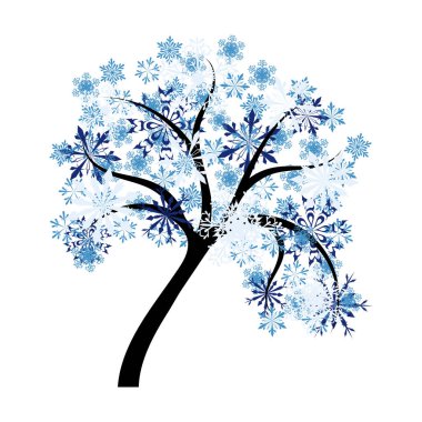 Kar taneleri yapraklı kış ağacı. Kış, Noel ve yeni yıl teması için uygun tasarımlar. Vektör illüstrasyonu.