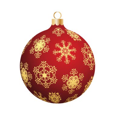 Noel süslemeleri, kar taneleriyle süslenmiş kırmızı cam top. Kış tatilleri, etkinlikler, indirimler ve satışlar için şenlik tasarımı öğesi. Vektör illüstrasyonu.