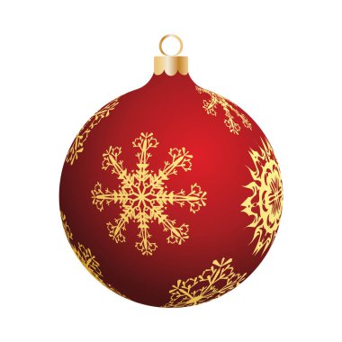 Noel süslemeleri, kar taneleriyle süslenmiş kırmızı cam top. Kış tatilleri, etkinlikler, indirimler ve satışlar için şenlik tasarımı öğesi. Vektör illüstrasyonu.