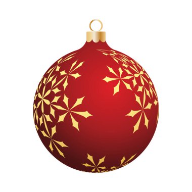 Noel süslemeleri, kar taneleriyle süslenmiş kırmızı cam top. Kış tatilleri, etkinlikler, indirimler ve satışlar için şenlik tasarımı öğesi. Vektör illüstrasyonu.