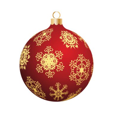 Noel süslemeleri, kar taneleriyle süslenmiş kırmızı cam top. Kış tatilleri, etkinlikler, indirimler ve satışlar için şenlik tasarımı öğesi. Vektör illüstrasyonu.