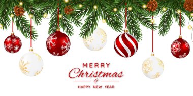 Köknar ağacı dalları, toplar, çelenk, fiyonk, şeker ve kar taneleriyle Noel afişi. Beyaz arka planda Noel ağacı dalları. Kış tatilleri, etkinlikler, indirimler ve satışlar için şenlik tasarımı. Vektör illüstrasyonu.