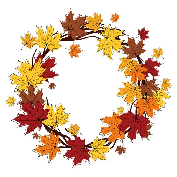 Beyaz arka planda akçaağaç yaprakları uçuşan sonbahar çerçevesi. Şık akçaağaç gülü çizim karalama tasarımı. Vektör İllüstrasyonu.