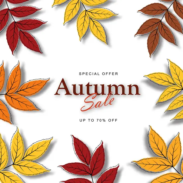 Sonbahar indirimli afiş şablonu akçaağaç, kül ağacı yaprakları alışveriş için sıcak renk tonu ya da tanıtım posteri ve web afişi ile dekore edilir. Doodle sonbahar yapraklarını tasarlıyor. Vektör illüstrasyonu.