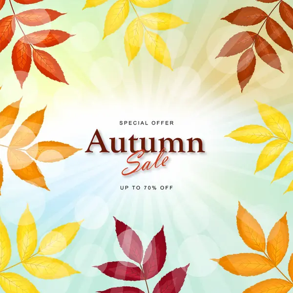 Parlak sonbahar kül ağacı yapraklarıyla sonbahar indirimi afişi vanilya gökyüzü arka planında güneş ışığı ışınları ve parlıyor. Sonbahar tatilleri, etkinlikler, indirimler ve satışlar için tasarım öğesi. Vektör illüstrasyonu.