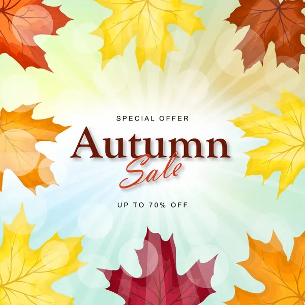 Parlak sonbahar akçaağaç yapraklarıyla sonbahar indirimi afişi. Vanilya gökyüzü arka planında güneş ışınları ve parlıyor. Sonbahar tatilleri, etkinlikler, indirimler ve satışlar için tasarım öğesi. Vektör illüstrasyonu.