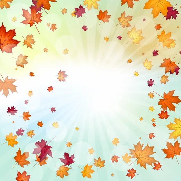 Sonbahar çerçevesinde, sonbahar vanilya gökyüzü zemininde, güneş ışınları ve parıltılarıyla akçaağaç yaprakları uçuşuyor. Zarif, ılık bir sonbahar yaprağı tasarımı. Vektör illüstrasyonu.