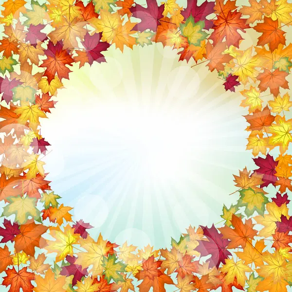 Sonbahar çerçevesinde, sonbahar vanilya gökyüzü zemininde, güneş ışınları ve parıltılarıyla akçaağaç yaprakları uçuşuyor. Zarif, ılık bir sonbahar yaprağı tasarımı. Vektör illüstrasyonu.