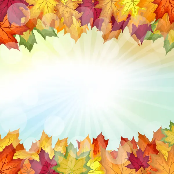 Sonbahar çerçevesinde, sonbahar vanilya gökyüzü zemininde, güneş ışınları ve parıltılarıyla akçaağaç yaprakları uçuşuyor. Zarif, ılık bir sonbahar yaprağı tasarımı. Vektör illüstrasyonu.