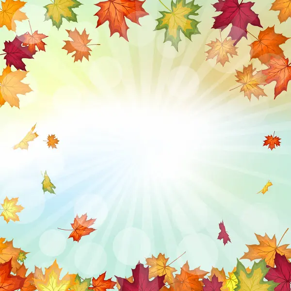 Sonbahar çerçevesinde, sonbahar vanilya gökyüzü zemininde, güneş ışınları ve parıltılarıyla akçaağaç yaprakları uçuşuyor. Zarif, ılık bir sonbahar yaprağı tasarımı. Vektör illüstrasyonu.