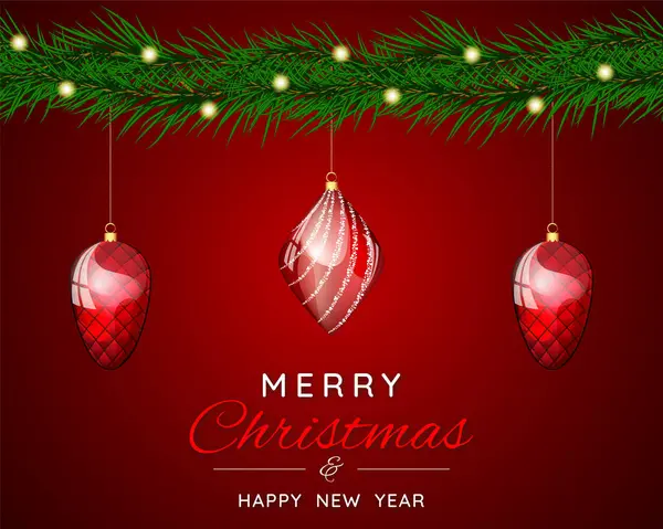 Köknar ağacı dalları, toplar ve çelenklerle Noel afişi. Kırmızı arka planda Noel ağacı dalları. Kış tatilleri, etkinlikler, indirimler ve satışlar için şenlik tasarımı. Vektör illüstrasyonu. 