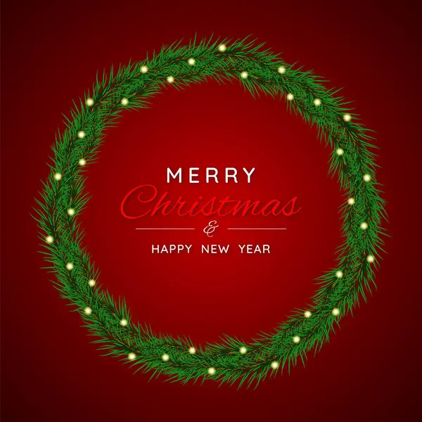 Köknar ağacı dalları, toplar ve çelenklerle Noel afişi. Kırmızı arka planda Noel ağacı dalları. Kış tatilleri, etkinlikler, indirimler ve satışlar için şenlik tasarımı. Vektör illüstrasyonu. 