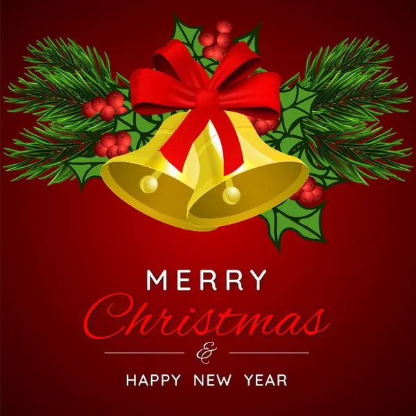 Köknar ağacı, çan ve çobanpüskülü böğürtlenli Noel afişi. Kırmızı arka planda Noel çanları ve köknar dalları. Kış tatilleri, indirimler ve satışlar için şenlik tasarımı. Vektör illüstrasyonu.