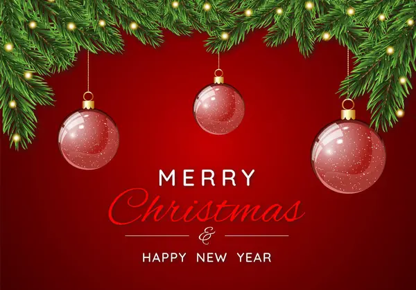 Köknar ağacı dalları, toplar ve çelenklerle Noel afişi. Kırmızı arka planda Noel ağacı dalları. Kış tatilleri, etkinlikler, indirimler ve satışlar için şenlik tasarımı. Vektör illüstrasyonu. 