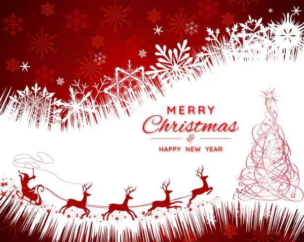 Köknar ağacı, Noel Baba, ren geyiği, orman ve gece gökyüzü. Kırmızı arka planda Noel manzarası. Kış tatilleri, etkinlikler, indirimler ve satışlar için şenlik tasarımı. Vektör illüstrasyonu.