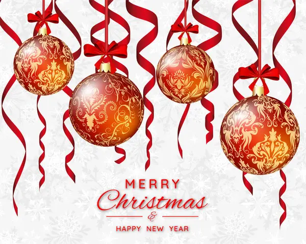 Süs topları ve kurdeleli Noel afişi. Beyaz kar taneleriyle süslenmiş bir Noel süsü. Kış tatilleri, etkinlikler, indirimler ve satışlar için şenlik tasarımı. Vektör illüstrasyonu.