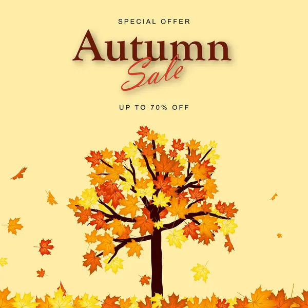 Akağaç yapraklarıyla süslenmiş sonbahar satışı afişi şablonu alışveriş için sıcak renk tonu ya da tanıtım posteri ve web afişi. Vektör illüstrasyonu.