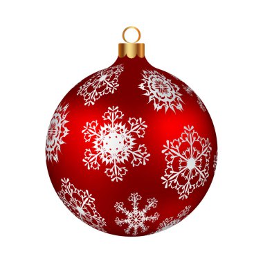 Noel süslemeleri, kar taneleriyle süslenmiş kırmızı cam top. Kış tatilleri, etkinlikler, indirimler ve satışlar için şenlik tasarımı öğesi. Vektör illüstrasyonu.