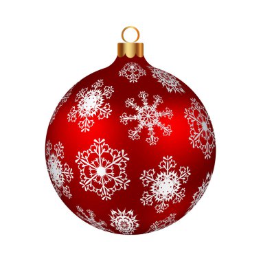 Noel süslemeleri, kar taneleriyle süslenmiş kırmızı cam top. Kış tatilleri, etkinlikler, indirimler ve satışlar için şenlik tasarımı öğesi. Vektör illüstrasyonu.