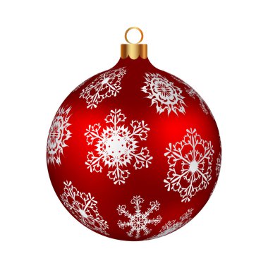 Noel süslemeleri, kar taneleriyle süslenmiş kırmızı cam top. Kış tatilleri, etkinlikler, indirimler ve satışlar için şenlik tasarımı öğesi. Vektör illüstrasyonu.